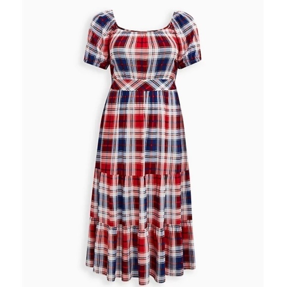 Torrid PUFF SLEEVE TIERED MAXI DRESS - CHALLIS PLAID RED & BLUE - Picture 4 of 8